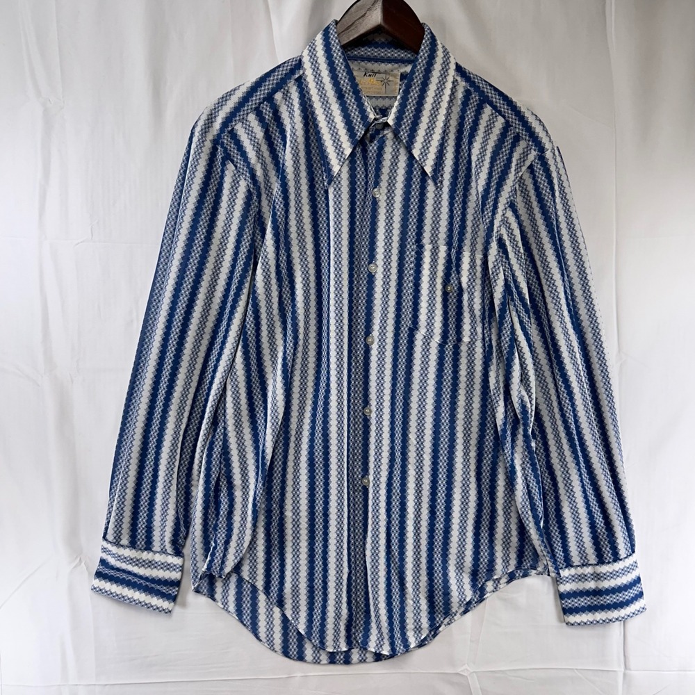 Le Mans Knit Dagger Collar Shirt Mens L Blue White Striped Vintage 70s Retro